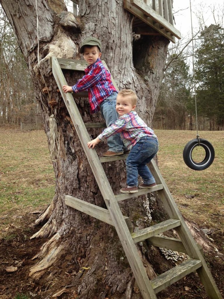 little boys climbing up tree house ladder