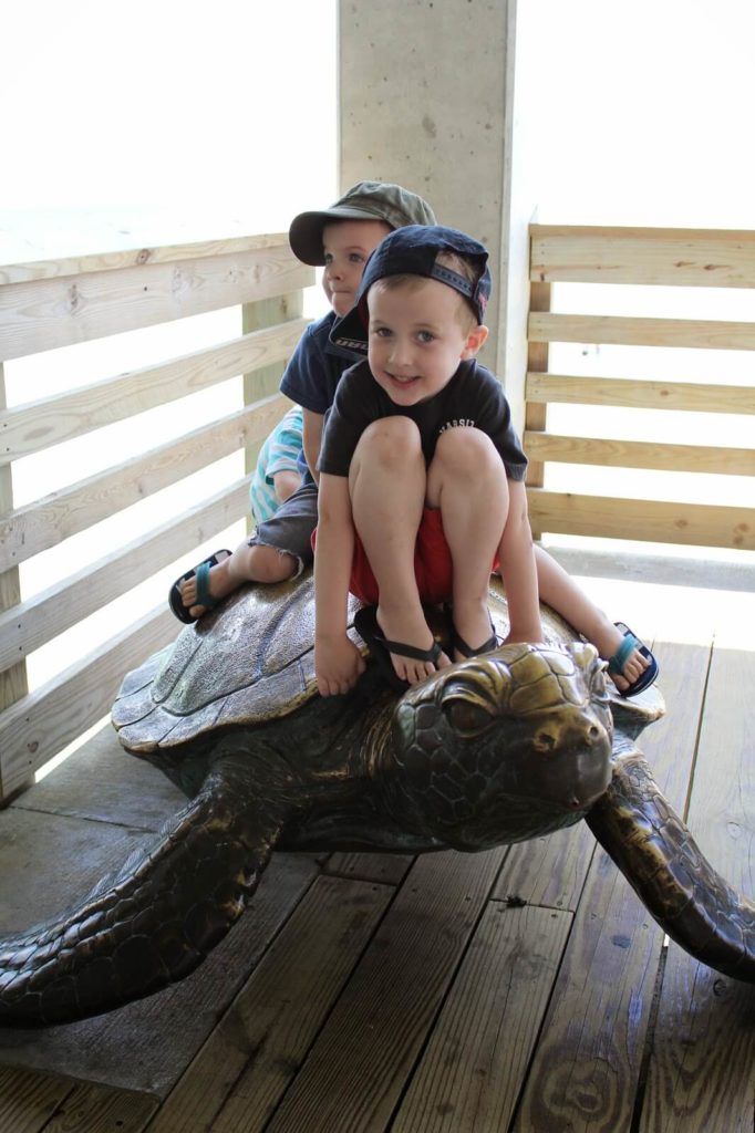 brothers sitting on turtle statue