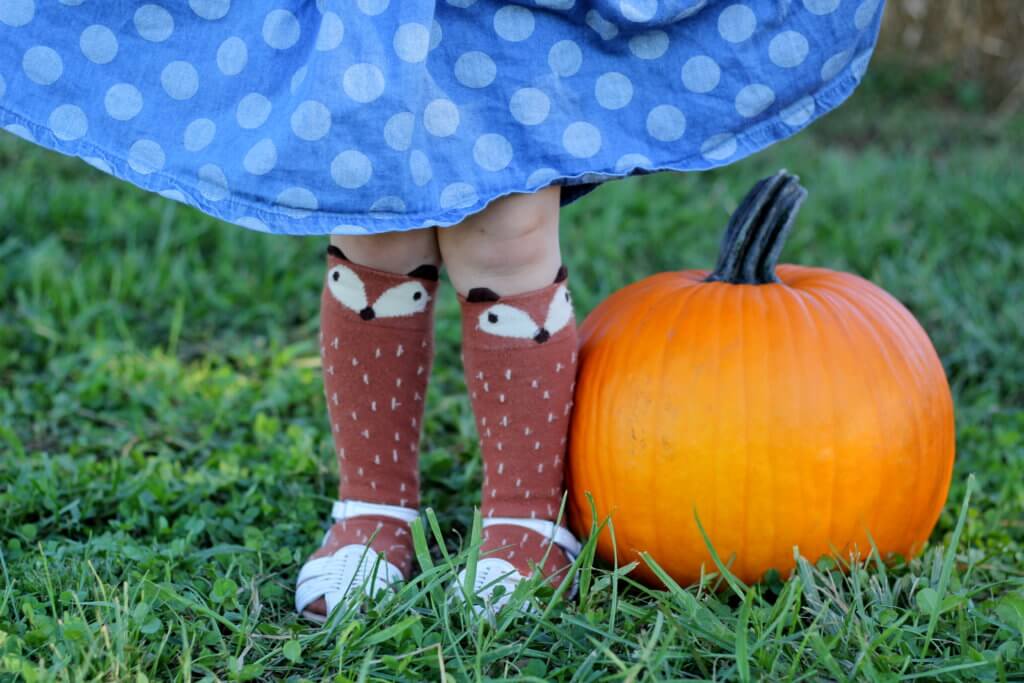 girl wearing fox socks standing next to little pumpkin